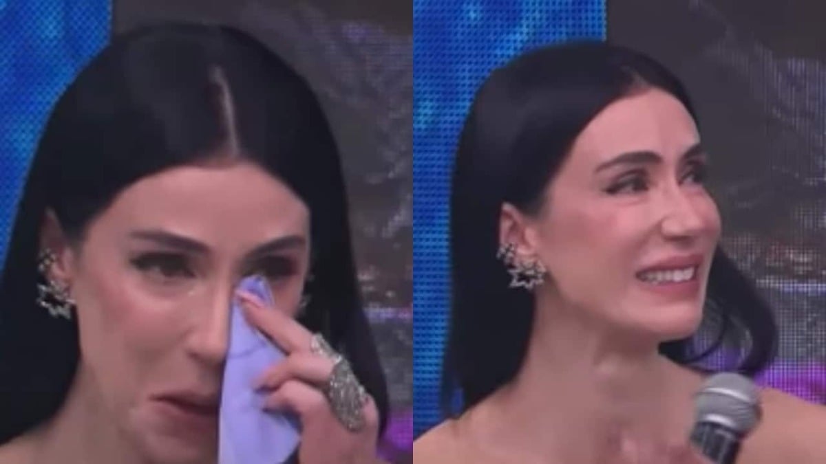 Michele Barros se emociona com depoimento do filho, Arthur, no Faustão na Band (Foto: Reprodução)
