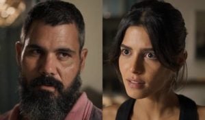 Alcides (Juliano Cazarré) vai fazer proposta indecente para Guta (Julia Dalavia) em Pantanal (Foto: Reprodução / Globo)