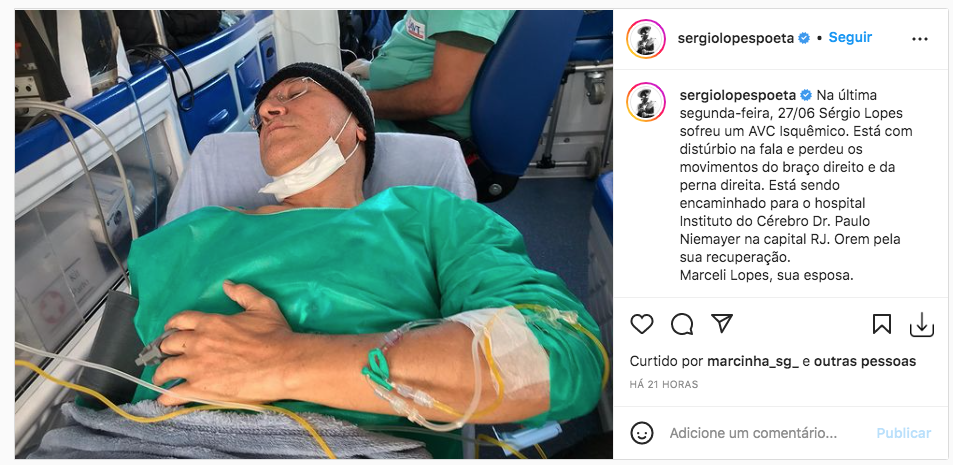 Assessoria do cantor Sérgio Lopes divulgou o estado do artista gospel nas redes sociais -Foto:Reproduçao\ Instagram