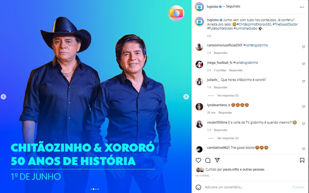 Chitãozinho e Xororó foram anunciados pelo perfil oficial da Globo no Instagram