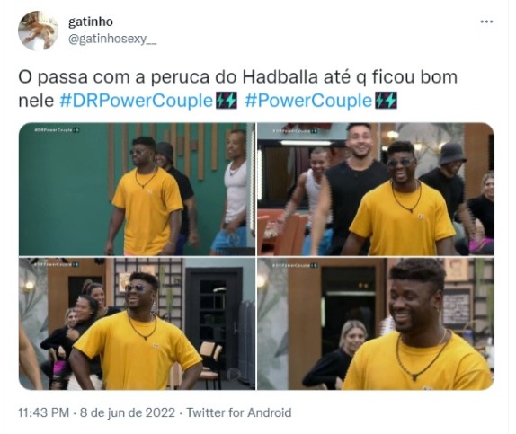 Power Couple Brasil 6: Bruno Passa com a peruca de Hadson Nery (Foto: Reprodução/Twitter)