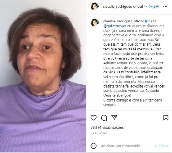 Claudia Rodrigues manda recado de apoio para Guta Stresser (Foto: Reprodução/Instagram)