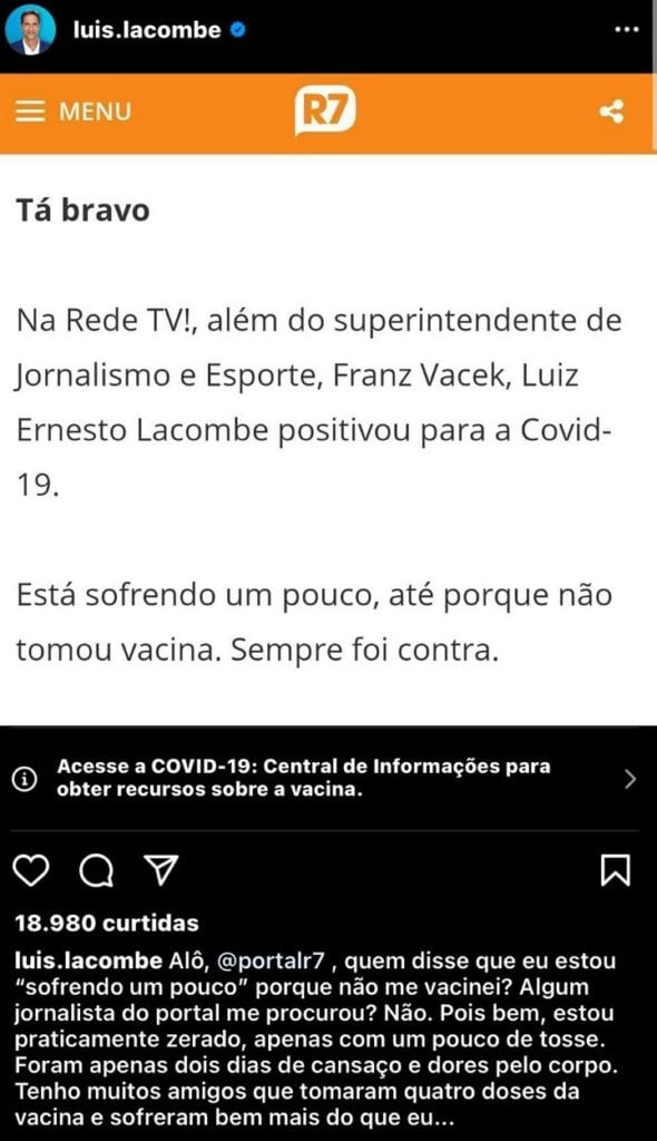 Lacombe rebateu notícia de que estaria sofrendo por conta do Covid- Foto: Reprodução 