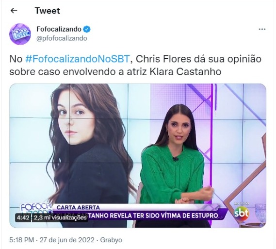 Chris Flores fala sobre Klara Castanho no Fofocalizando (Foto: Reprodução/Twitter)