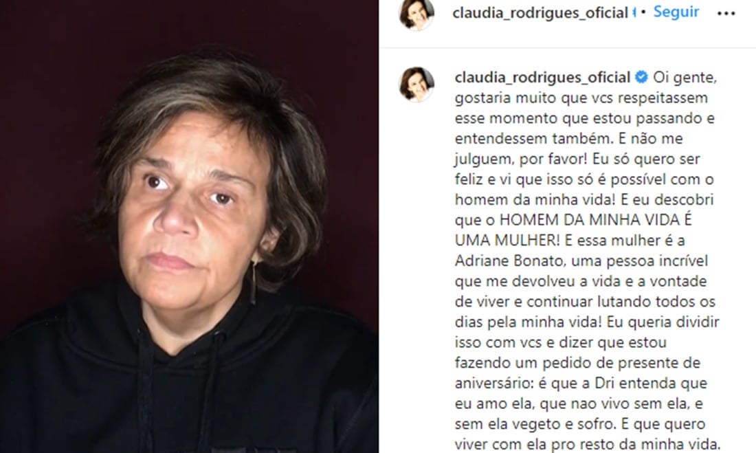 Claudia Rodrigues se assume nas redes sociais, faz declaração e pedido (Reprodução/ Instagram)