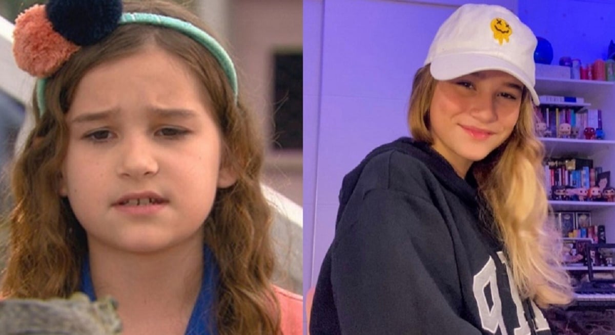 A atriz Duda Wendling aos 9 anos e atualmente, aos 15 