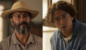 Zé Leôncio (Marcos Palmeira) e Jove (Jesuíta Barbosa) passarão por apuros em Pantanal, na novela das nove da Globo (Foto: Reprodução / Globo)