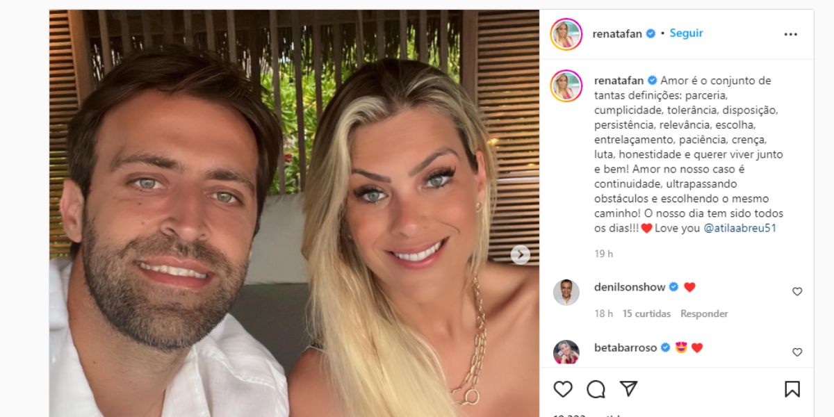 Renata Fan expõe relação, declara amor em textão e recebe recado de Denílson: "Querer viver junto" Renata Fan expõe relação, declara amor em textão e recebe recado de Denílson: "Querer viver junto"