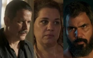 Tenório (Murilo Benício), Alcides (Juliano Cazarré) e Maria Bruaca (Isabel Teixeira) em Pantanal (Foto: Reprodução / Globo)