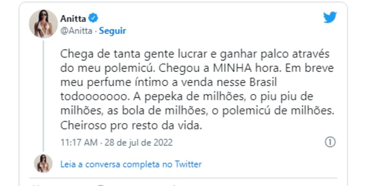 Anitta anuncia venda de perfume para área íntima, que promete ser nova sensação do momento