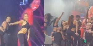 A cantora Anitta e os bailarinos estavam rebolando muito quando o segurança perdeu a concentração - Reprodução Twitter