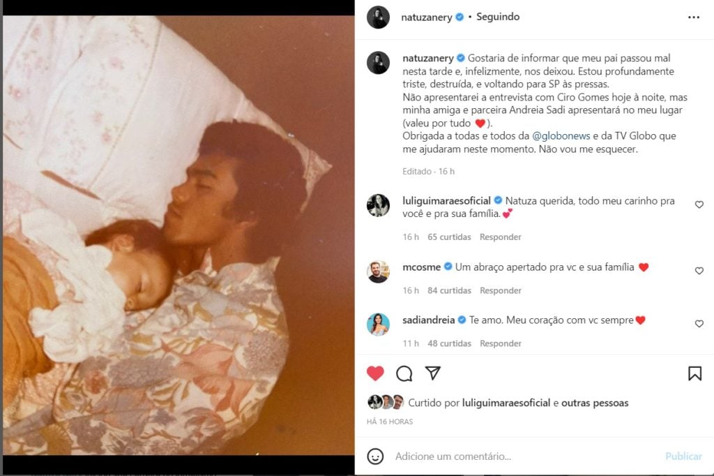 Natuza Nery, da Globo, lamentou a morte do seu pai nas redes sociais