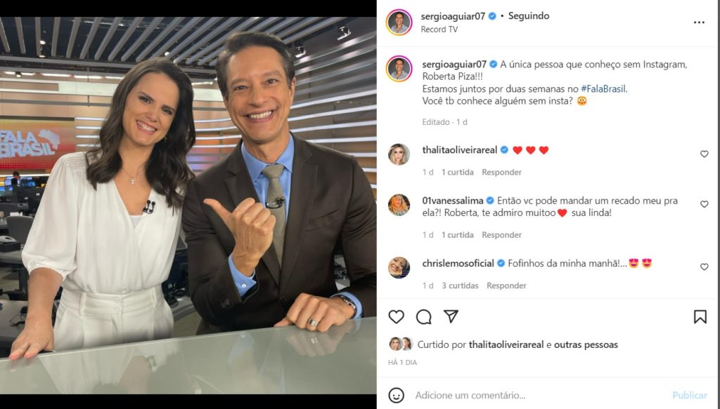 Sérgio Aguiar posou ao lado de Roberta Piza para dar as boas vindas para a subsituta de Mariana Godoy Sérgio Aguiar posou ao lado de Roberta Piza para dar as boas vindas para a subsituta de Mariana Godoy