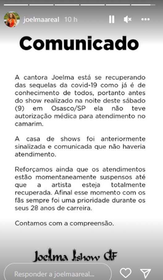 Comunicado oficial publicado nas redes sociais de Joelma