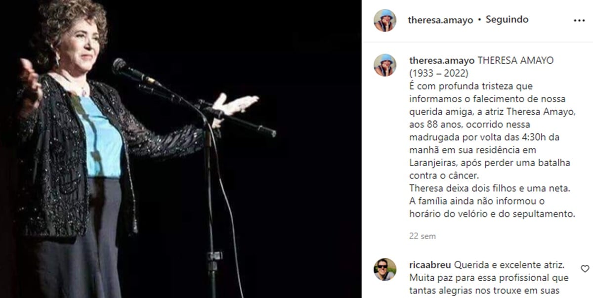 Nota de falecimento da atriz veterana Theresa Amayo