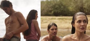 Zefa (Paula Barbosa) seduzirá Tadeu (José Loreto) ao tomar banho nua com ele em Pantanal (Foto: Reprodução / Globo)