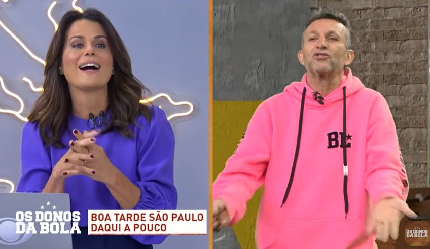 Neto e Adriana Araújo cairam na gargalhada durante a ponte entre os programas da Band