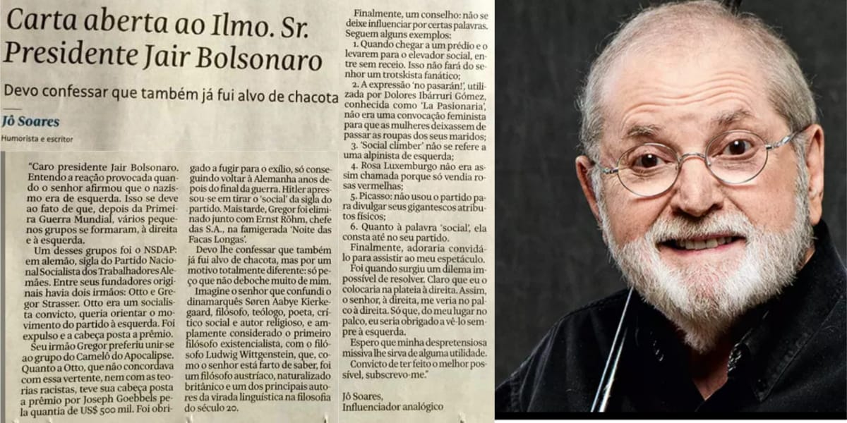 Carta de Jô Soares ao Jair Bolsonaro (Reprodução: Montagem TV Foco)