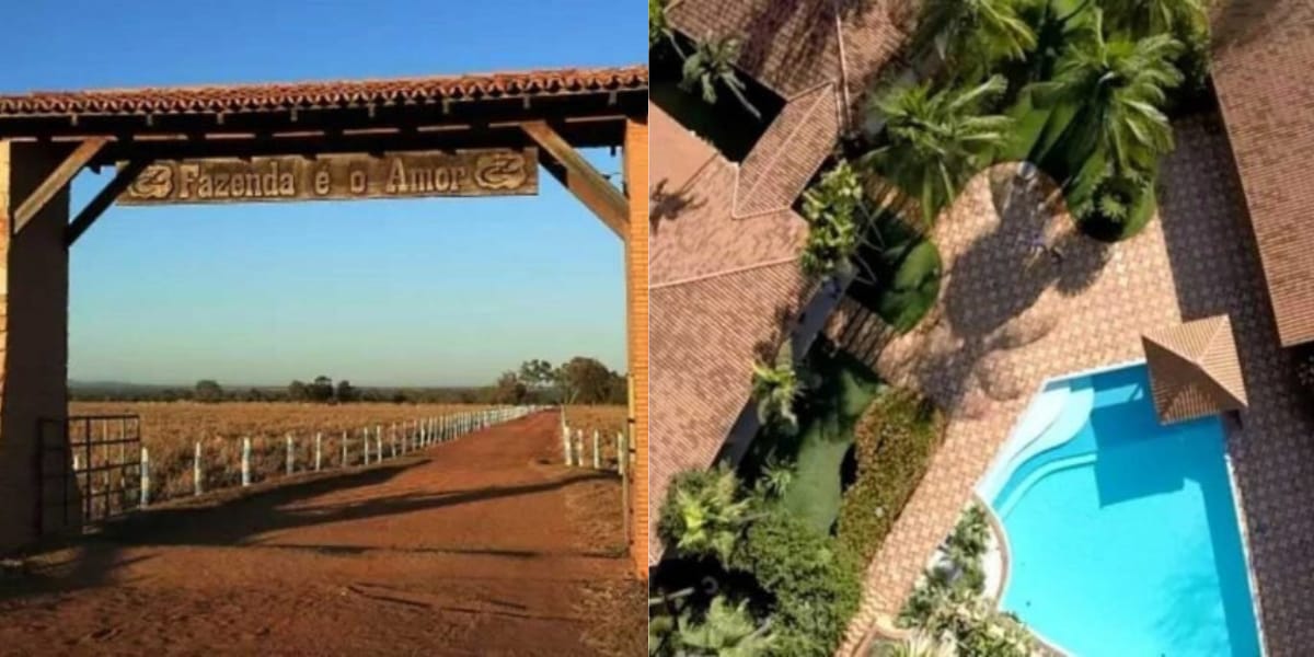 Entrada da fazenda, e vista aérea (Reprodução: Montagem TV Foco)