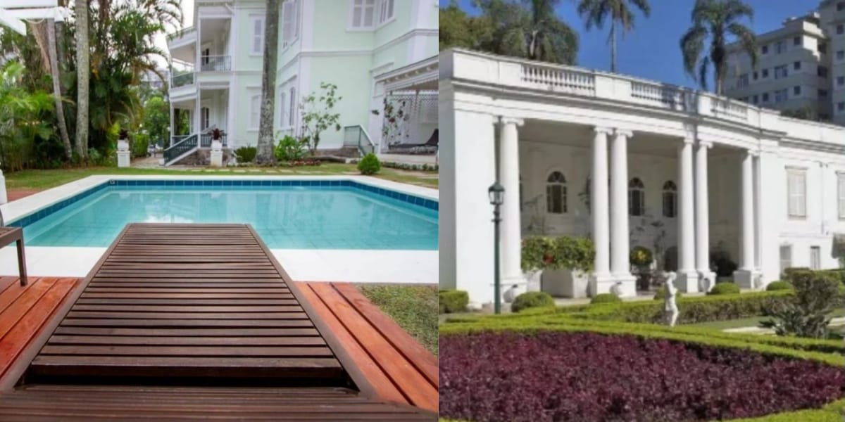 Piscina e hall de entrada do hotel de Tarcísio Meira (Reprodução: Montagem TV Foco)
