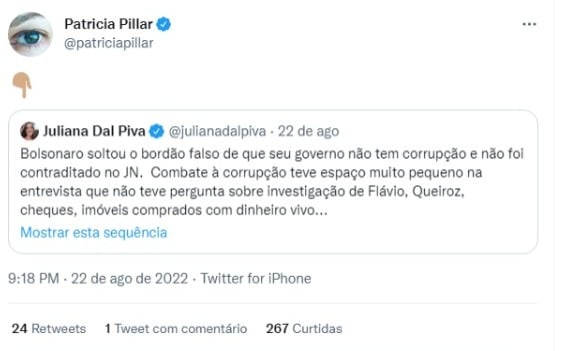 Patrícia Pillar comenta entrevista com Jair Bolsonaro (Foto: Reprodução/Twitter)