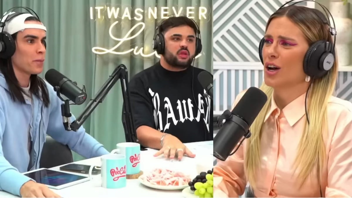 Rafa Uccman e Lucas Guedez do "PocCast" de boca aberta com o sinal recebido por Carolina Dieckmann (Reprodução/ YouTube)