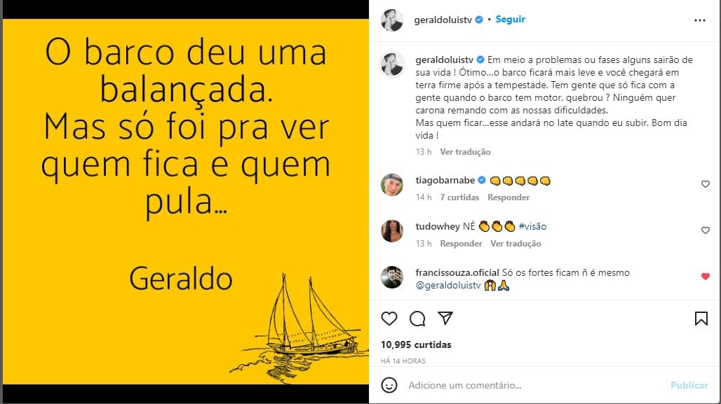 Geraldo Luís desabafa e expõe reflexão em textão no Instagram - Foto: Reprodução