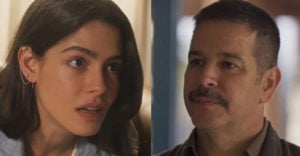 Guta (Julia Dalavia) vai fazer de tudo para proteger Maria Bruaca (Isabel Teixeira) em Pantanal e ameaçará Tenório (Murilo Benício) (Foto: Reprodução / Globo)