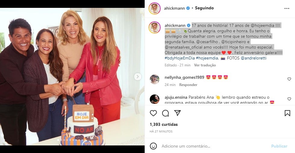 Ana Hickmann comemora 17 anos do Hoje em Dia (Foto: Reprodução)