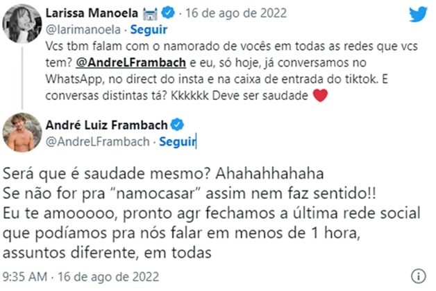 Larissa Manoela e seu namorado trocam mensagens públicas no Twitter 