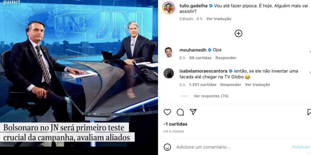 De acordo com namorado de Fátima Bernardes, ele fará pipoca para ver entrevista de Jair Bolsonaro e William Bonner no Jornal Nacional, da Globo (Reprodução)