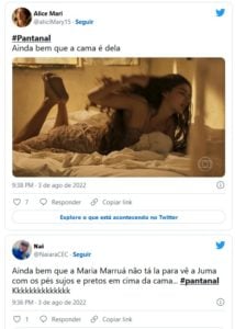 No twitter os fãs de Pantanal comentaram sobre o fato de Juma estar deitada na cama com os pés sujos (Foto: Reprodução / Twitter)