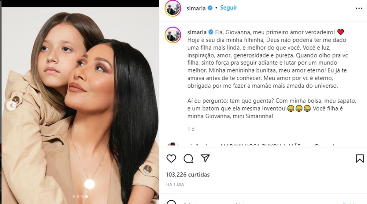 Simaria se declara publicamente para sua filha nas redes sociais