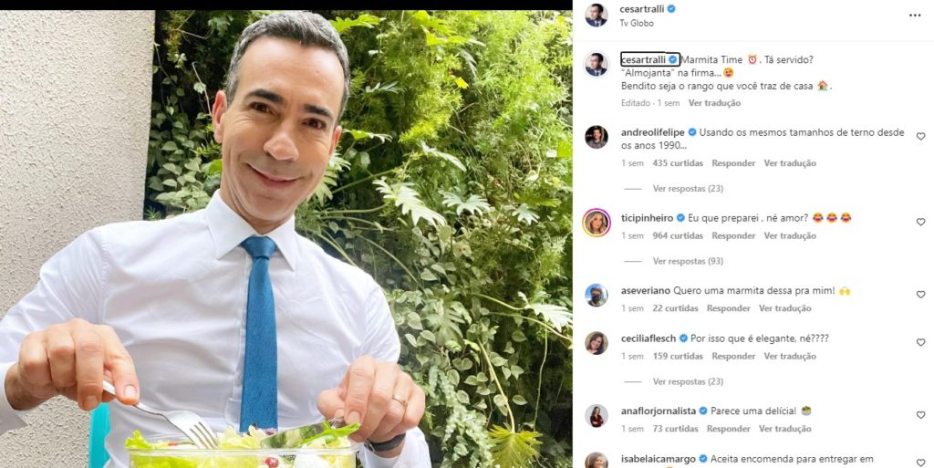 César Tralli publicou uma foto 'marmitando' durante um intervalo na Globo César Tralli publicou uma foto 'marmitando' durante um intervalo na Globo