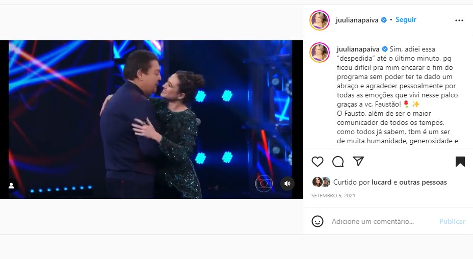 Juliana Paiva fez uma bela homenagem para Faustão após a saída do apresentador da Globo Juliana Paiva fez uma bela homenagem para Faustão após a saída do apresentador da Globo