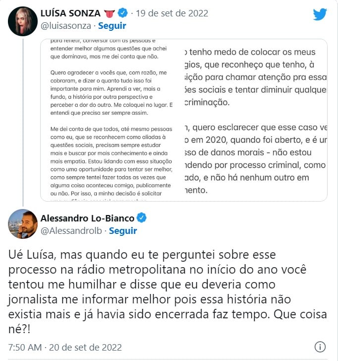 Lo Bianco rebateu Luísa Sonza no Twitter