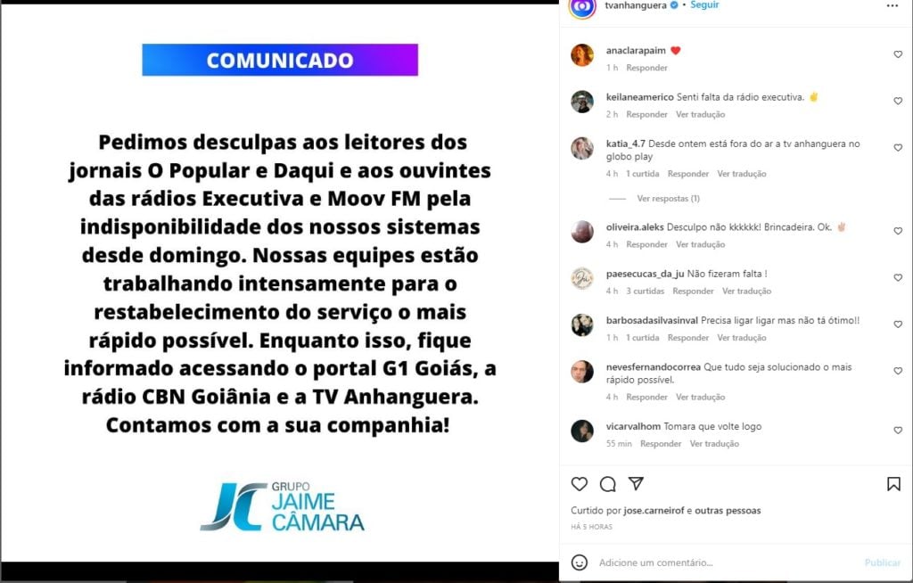 TV Anhanguera emitiu um nota falando sobre o ataque hacker nas redes sociais