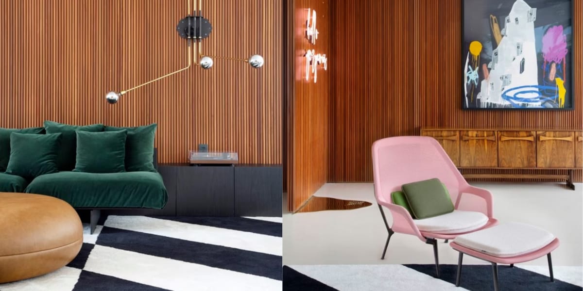 Painel de madeira que aquece o ambiente e peças vintage (Reprodução: Montagem TV Foco)