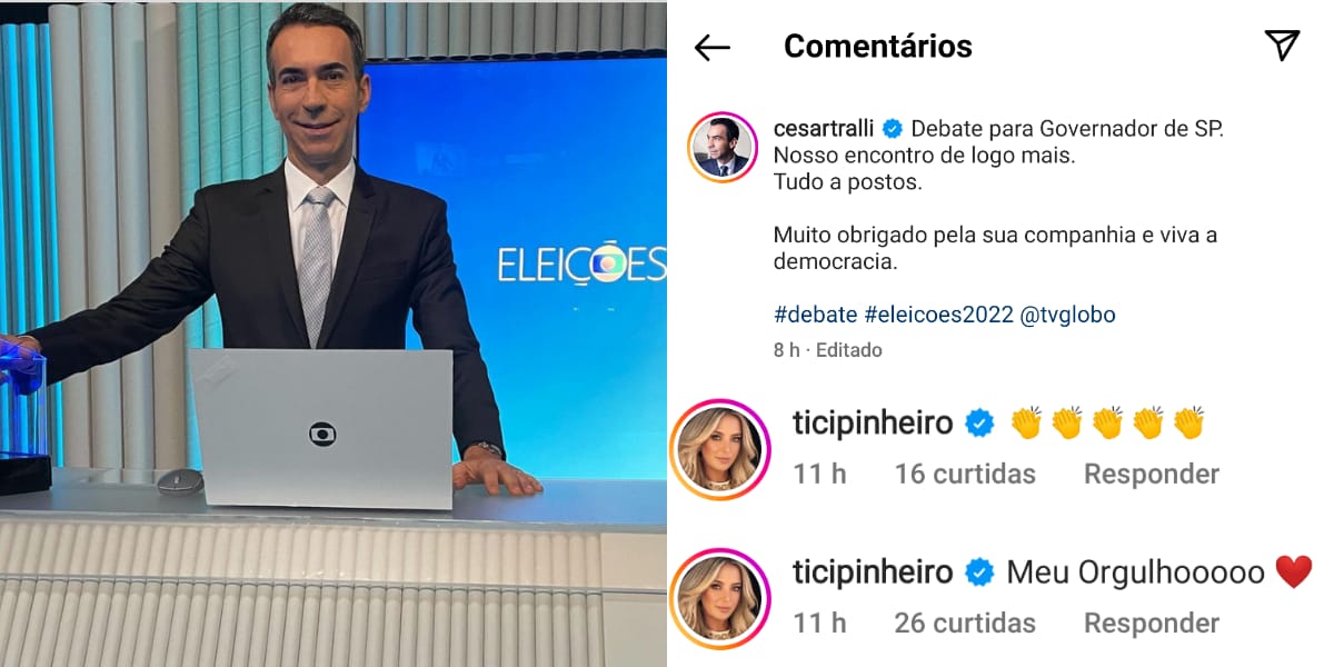 Ticiane Pinheiro se sentiu orgulha de César Tralli, após ele comandar o debate para governador de São Paulo (Reprodução: Instagram) Ticiane Pinheiro se sentiu orgulha de César Tralli, após ele comandar o debate para governador de São Paulo (Reprodução: Instagram)