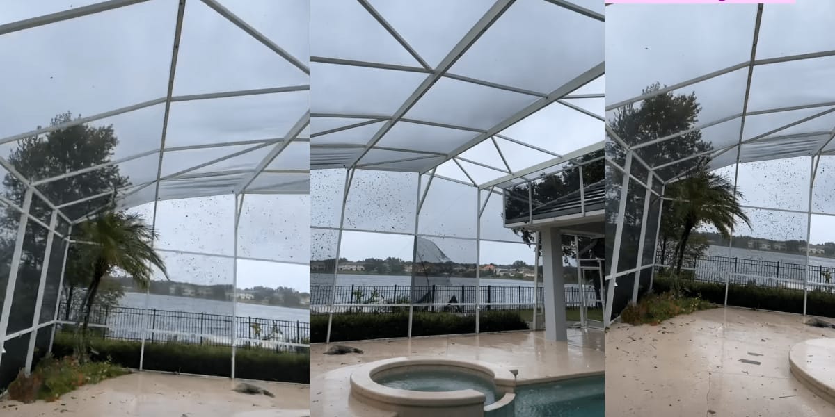 Telas da piscina que saíram voando com o furacão (Reprodução: Instagram) 