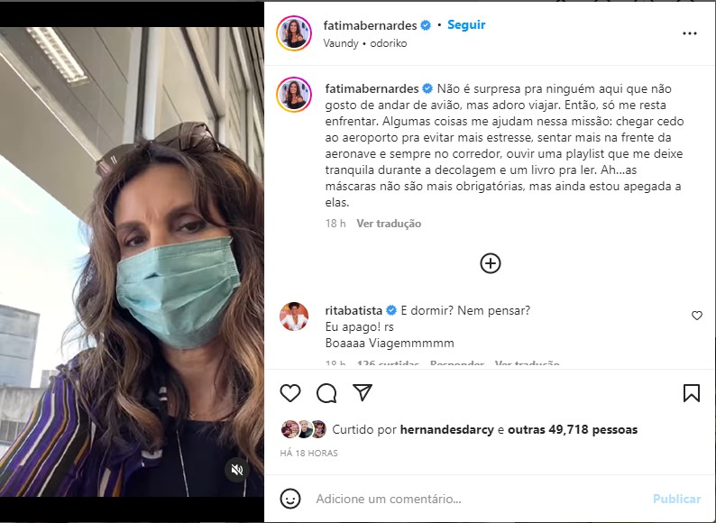 Fátima Bernardes expõe tática para driblar medo de avião - Foto: Reprodução