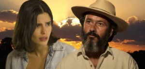 Pantanal – José Leôncio (Marcos Palmeira) mente para Guta (Julia Dalavia) para livrar Alcides (Juliano Cazarré) do xilindró (Foto: Reprodução / Globo / Montagem TV Foco)