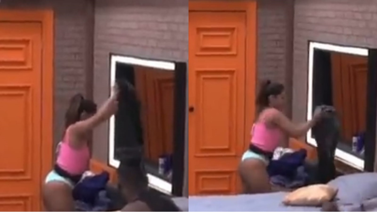 Ingrid Ohara, revoltada de ir para a Roça em A Fazenda 14, junta esterco e joga nas roupas de Vini Bütttel