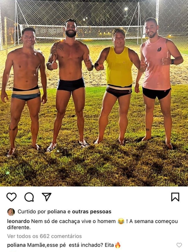Leonardo publica foto so de sunga com os amigos em partida de futvolei e ganha recado da esposa  famosos 
