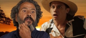 Pantanal - Por causa de Alcides (Juliano Cazarré), Zaquieu (Silvero Pereira) tenta roubar José Leôncio (Marcos Palmeira) e é pego no flagra (Foto: Reprodução / Globo / Montagem TV Foco)