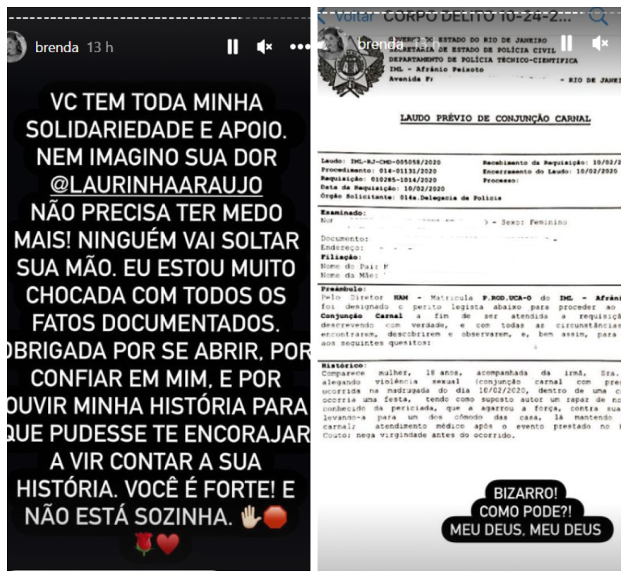 Stories compartilhado no perfil de Brenda com a denúncia (Foto Reprodução/Instagram)