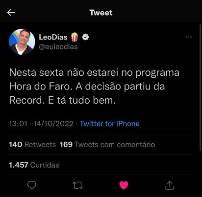 Léo Dias faz comunicado sobre participação em Hora do Faro - Reprodução