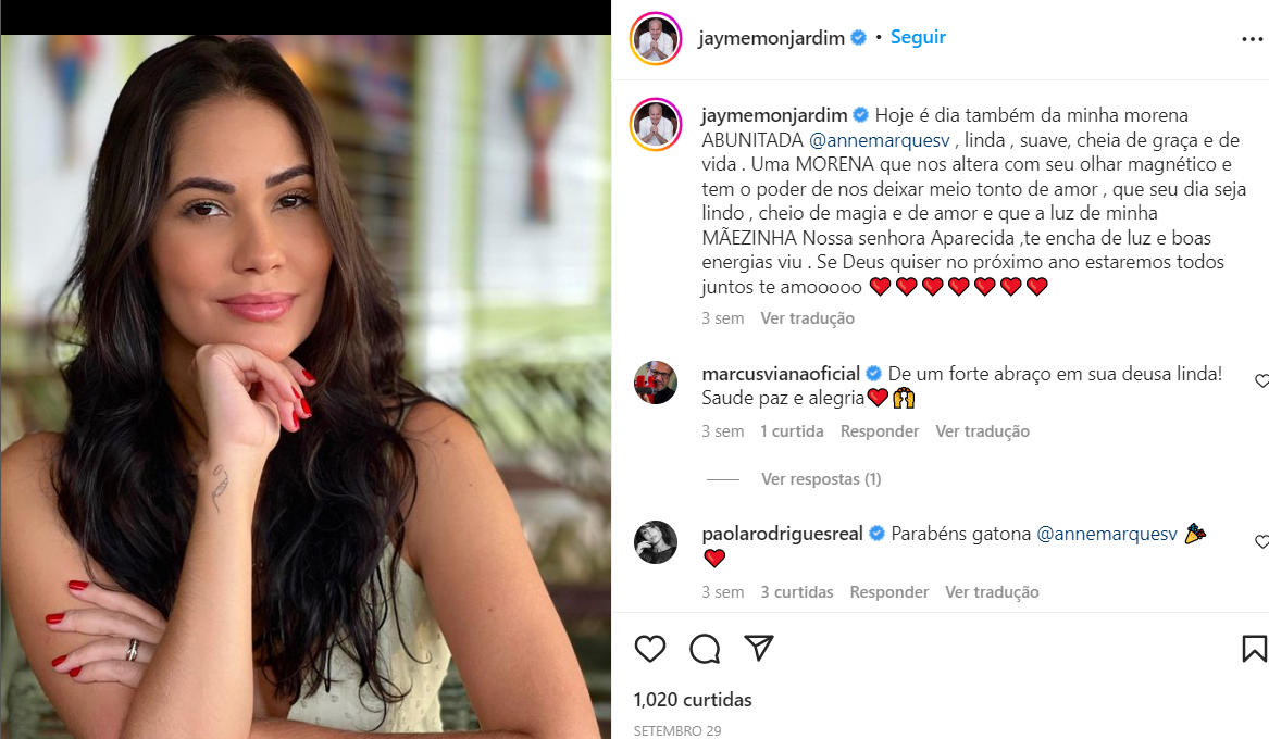 Declaração do diretor Jayme Monjardim para a namorada nas redes sociais (Foto Reprodução/Instagram)