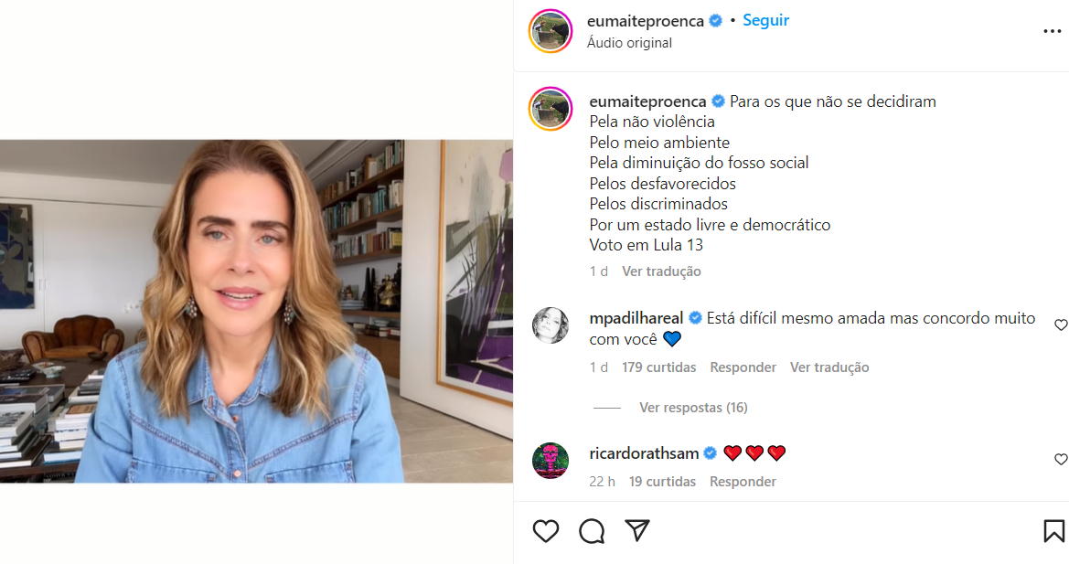 Maitê Proença faz campanha a favor do Lula também em suas redes sociais (Foto Reprodução/Instagram)