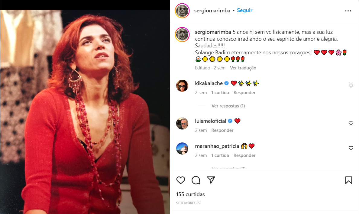 Homenagem feita recentemente por Sérgio Marimba à Solange Badim (Foto Reprodução/Instagram)